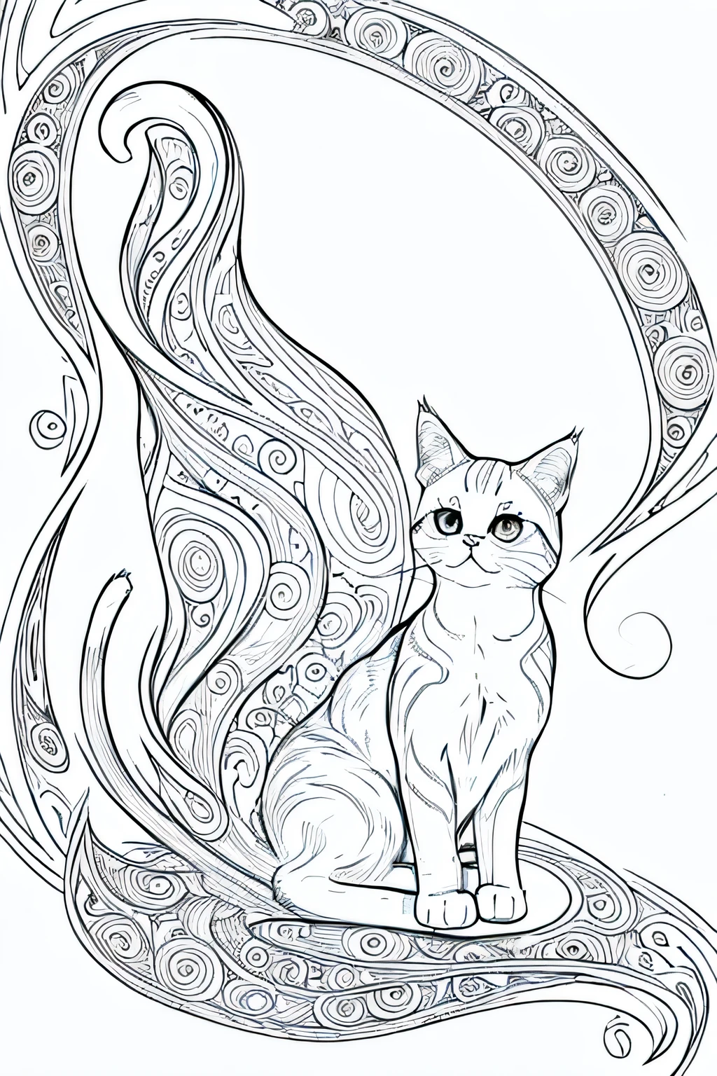 cat, kawaii style kitten, fantasy, magical, mystical, unusual, black and white, wavey lines, realistic line art drawing, coloring book page , no noise, crisp thick lines, outline art, centred image, isolated on a white background --v 4 --ar 2:3
