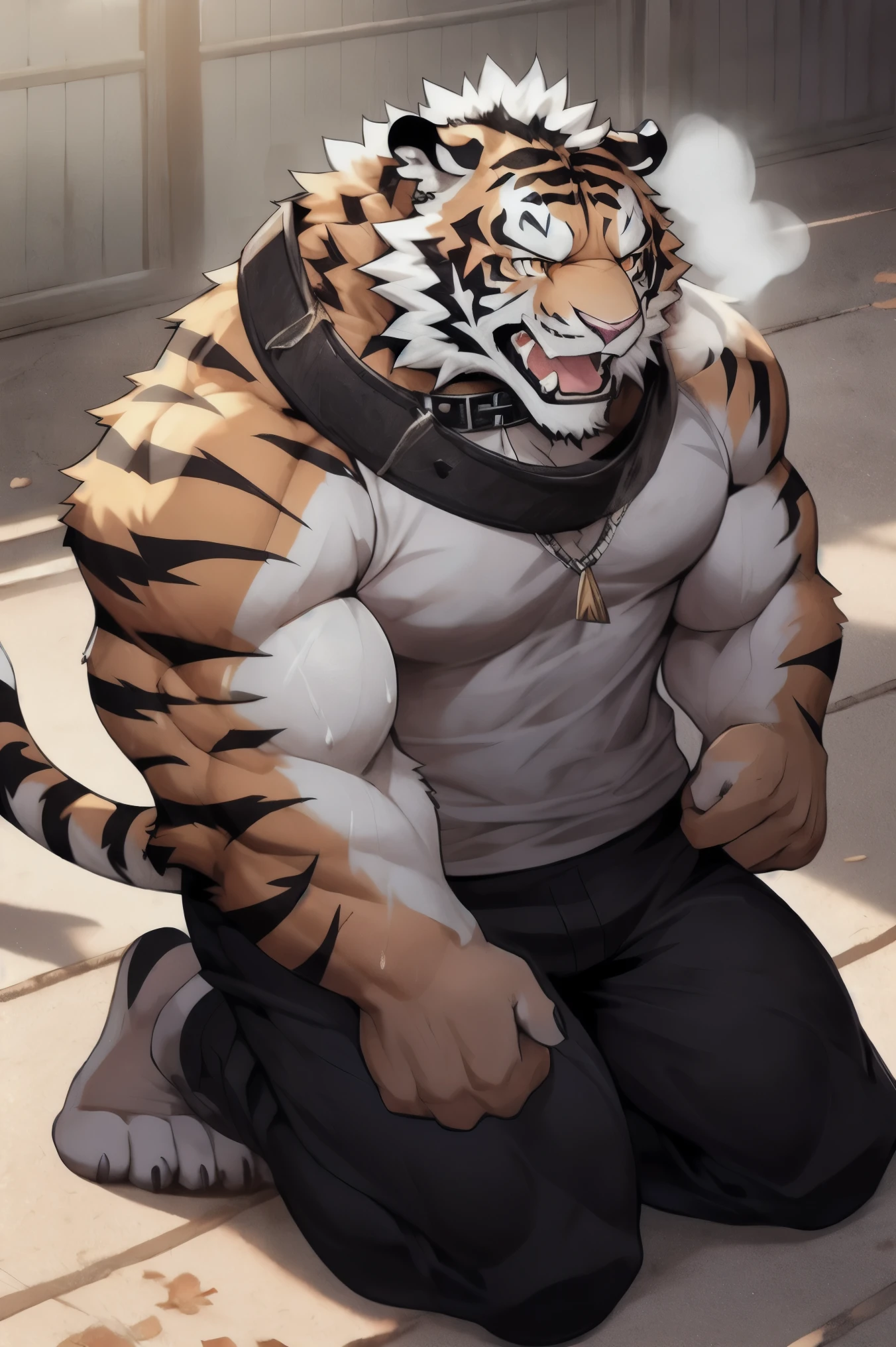 Shihara,alone,Male gray hair mixed with some white，Pure black pattern and amber eyes，black stripe on tip，tiger form human，fuzzy，muscular,Alone，Only black shorts are worn.Wearing a collar around the neck，My whole body was stained with sweat and there was a little steam coming out of my mouth.，，Kneeling on the ground