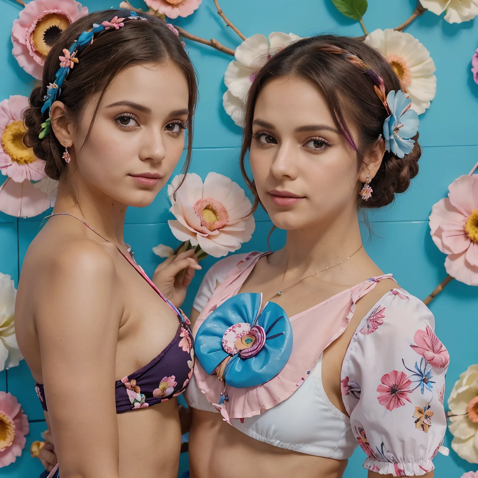 (Papel de parede:( tema bolo)) (motivos florais delicados) (estilo feminino delicado)((flores e bolos)) ((paleta de cores azul e rosa))