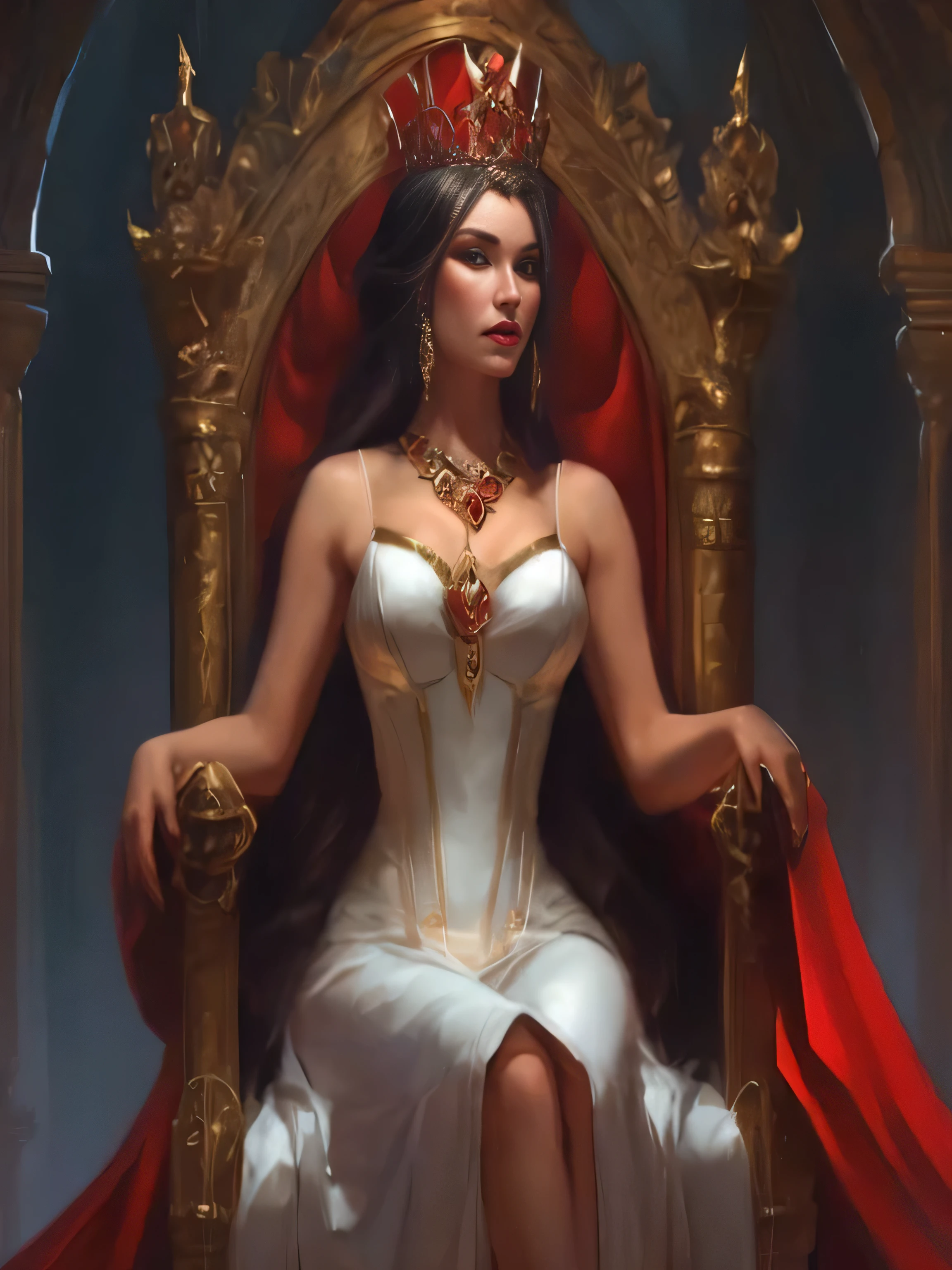 a woman sitting on a throne with a crown on her head, beautiful vampire female queen, beautiful elegant demon queen, a beautiful fantasy empress, on her throne, ((a beautiful fantasy empress)), portrait of queen of light, charlie bowater character art, sitting on her throne, style of charlie bowater, tom bagshaw donato giancola