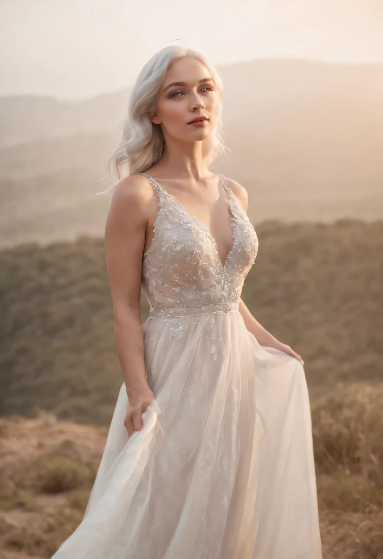 There is a woman with white hair and a long evening dress in Tule posing, Souriant, tout le corps, allure sportive femme de 28 ans, girl with silver wavy hair, girl with wavy white hair, posant, with medium length wavy white hair, The light in'serait, il fait nuit, Mise au point ultra nette, Realistic images, Vêtements pour femmes