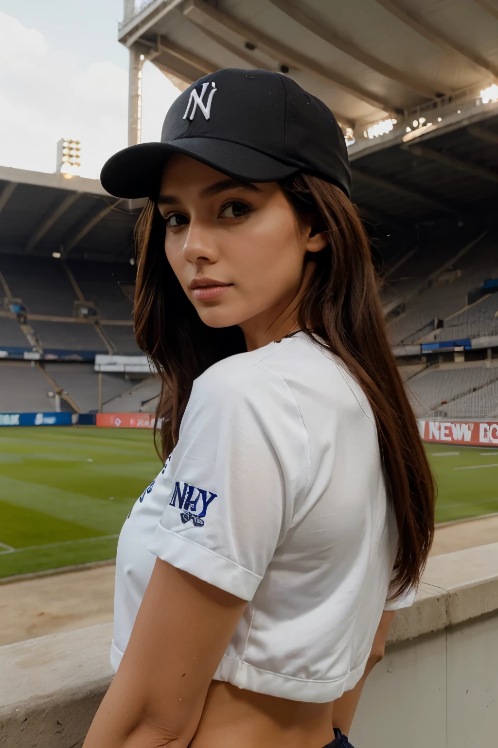 modelo, mujer blanca, cabello ?????, senos grandes, gorra de yankes de new york, en estadio de pelota
