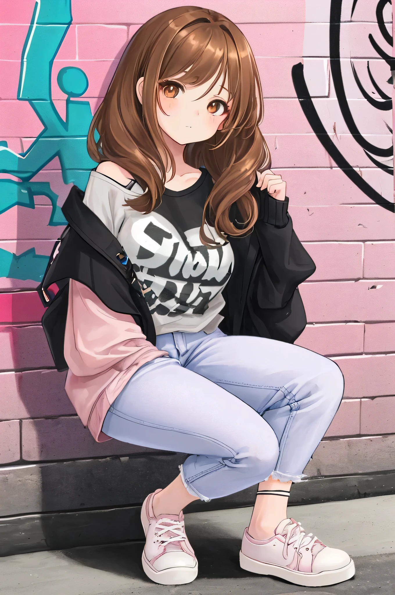 Create an image of a young girl with shoulder-length chestnut brown hair, styled in loose waves with a side part. Her eyes are a warm honey brown, reflecting kindness and curiosity. She has a heart-shaped face with a sprinkling of freckles across her nose, giving her a youthful and playful appearance.
For her modern outfit, she wears a cozy oversized sweater in a soft blush pink color, paired with high-waisted jeans that accentuate her slender figure. Tucked into her jeans is a graphic tee featuring her favorite band or artist. On her feet, she wears white sneakers adorned with colorful shoelaces, adding a pop of fun to her ensemble.
In the image, she stands against a backdrop of a city street, with colorful graffiti adorning the walls behind her. One hand rests casually in her pocket while the other holds onto the strap of a backpack slung over one shoulder. Her expression is relaxed and carefree, radiating a sense of youthful energy and confidence.