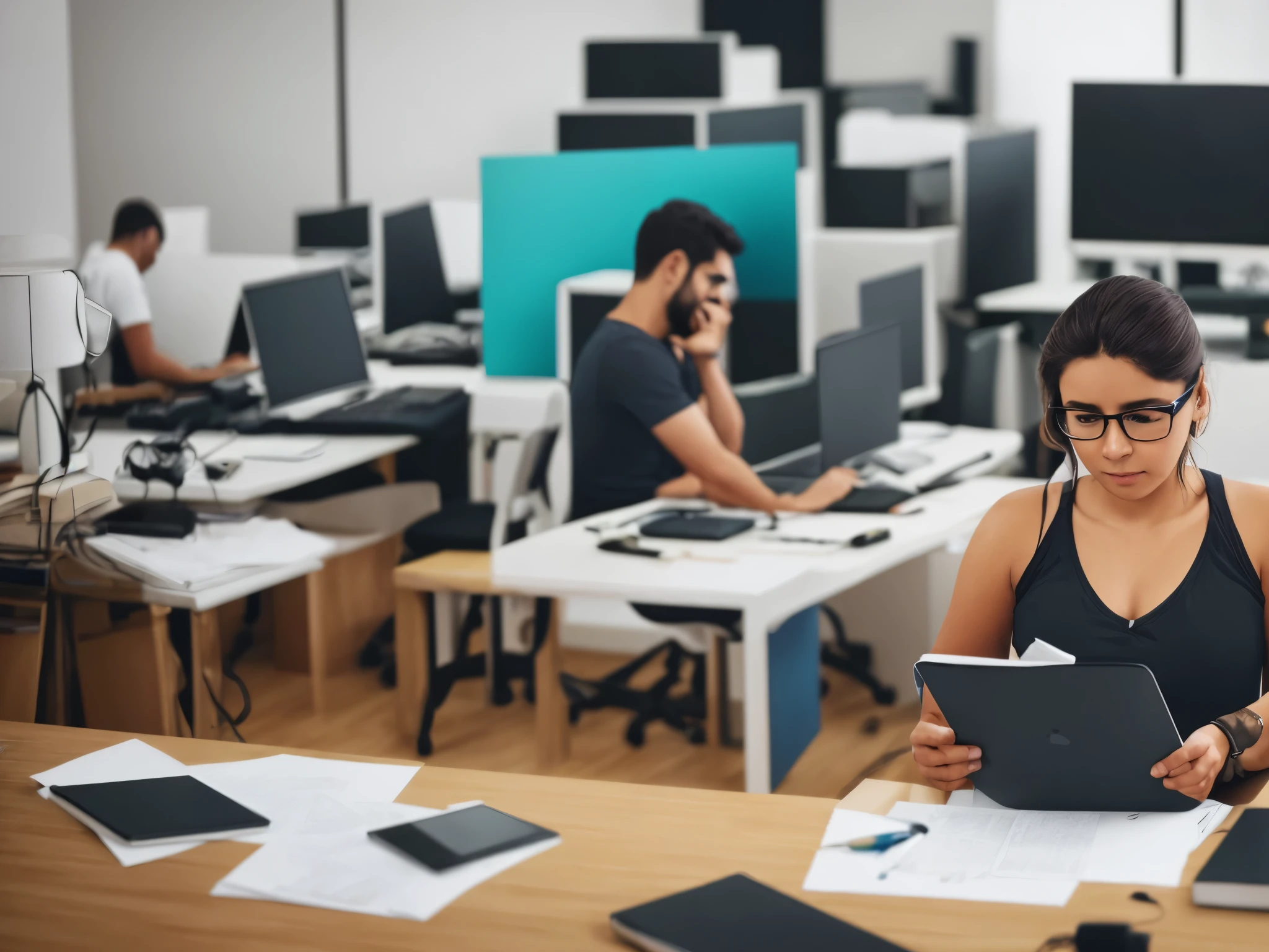 foto_horizontal, persona, trabajador, ejecutivo, trabajando_en_oficina, escritorio, computadora, fondo_blur, developer, meeting, varios_integrantes, full HD, good_design, artistico, (alta_calidad), (alta calidad)