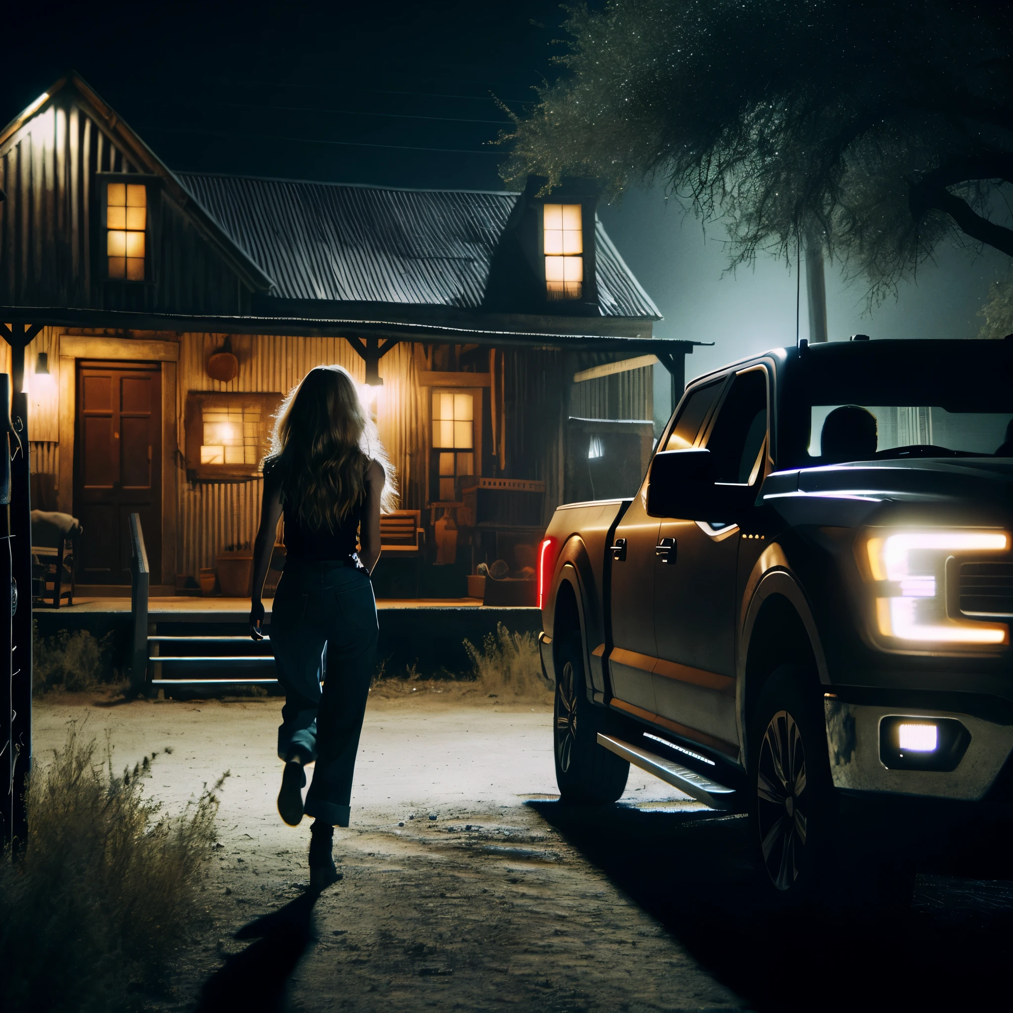 Arafa woman walking towards a truck in front of a house, cinematic lighting at night, beautiful, cinematic lighting, cinematic night lighting, beautiful cinematic lighting, captura de tela do videogame>, cinematic contrasting lighting, Moody cinematic lighting, great cinematic lighting, dynamic cinematic lighting, beautiful cinematic lighting, 2020 captura de tela do videogame, cinematic outdoor lighting, cinematic atmospheric lighting