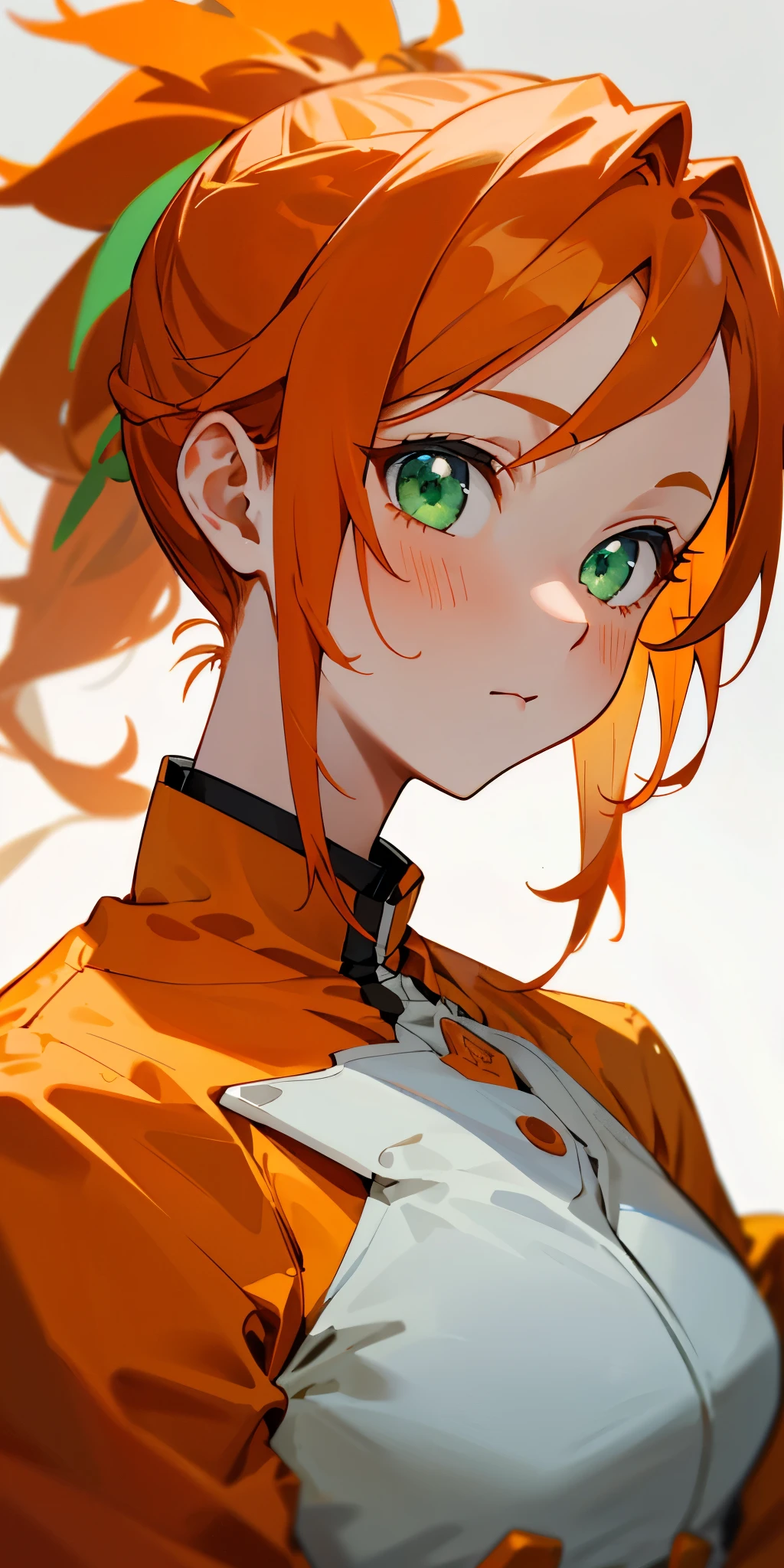 1 girl、one person、orange clothes、orange hair、ponytail、beautiful green eyes、strong pleasure on the face、From the side、white uniform with golden decorations、upper body close-up