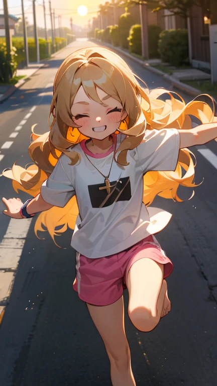 a cute 6 church girl named Anna, both brownish blonde hair, long wavy hair, short sleeved white sport jersey tshirt, pink shorts, cross necklace, Jogging, sunrise, slight smile, wristbands, barefoot, winking, hand details, feet details, in a quiet neighborhood