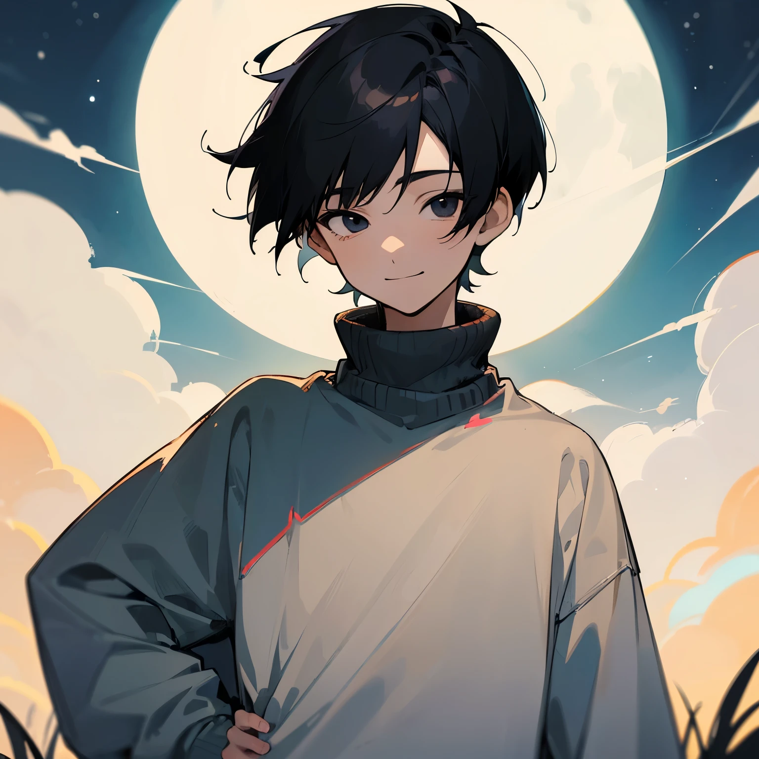 Boy, eighteen years old, anime style, black hair, very short hair, (smiling0.7), black eyes, droopy eyes, very thin eyebrows, wide-eyed, fair skin, skinny, sweater, long sleeves, boyish, upper body, with a moon, at night