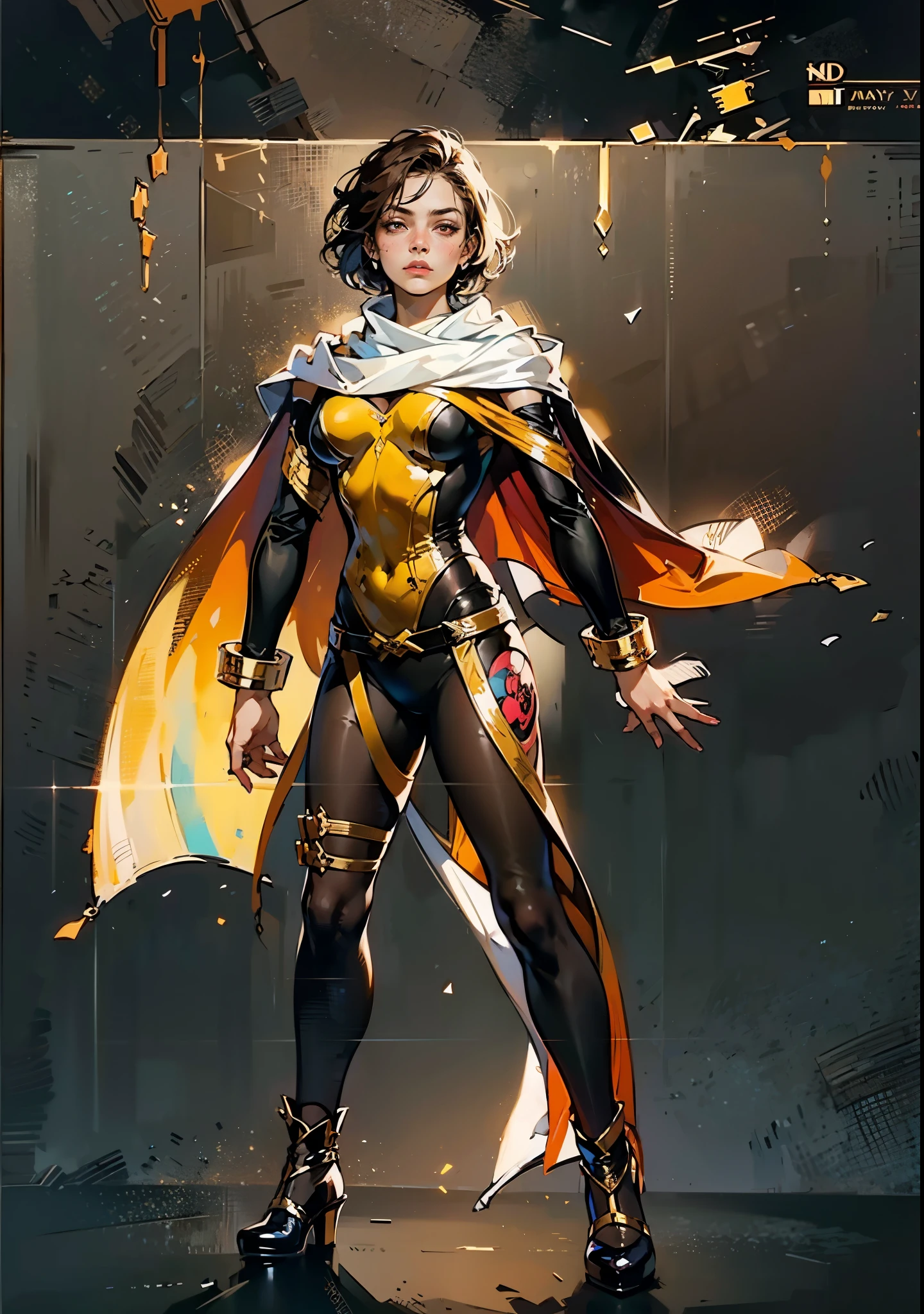 A teenager girl with short brown hair, delicate features, a focused gaze, a determined expression, she has a petite figure akin to a gymnast, adorned with a long flowing cape-like scarf in red and yellow hues, a fantasy-realism-style gymnastics leotard with a long hemline attached, paired with matching leggings, ((black as the main color, complemented by red and yellow accents)), (she poised on a vast stage enveloped in mystery, she emitting a sacred glow in the dim environment), this character embodies a finely crafted fantasy-realism-style dancer in anime style, exquisite and mature manga art style, perfect body, porcelain skin, high definition, best quality, highres, ultra-detailed, ultra-fine painting, extremely delicate, professional, anatomically correct, symmetrical face, extremely detailed eyes and face, high quality eyes, creativity, RAW photo, UHD, 32k, Natural light, cinematic, masterpiece-anatomy-perfect, masterpiece:1.5
