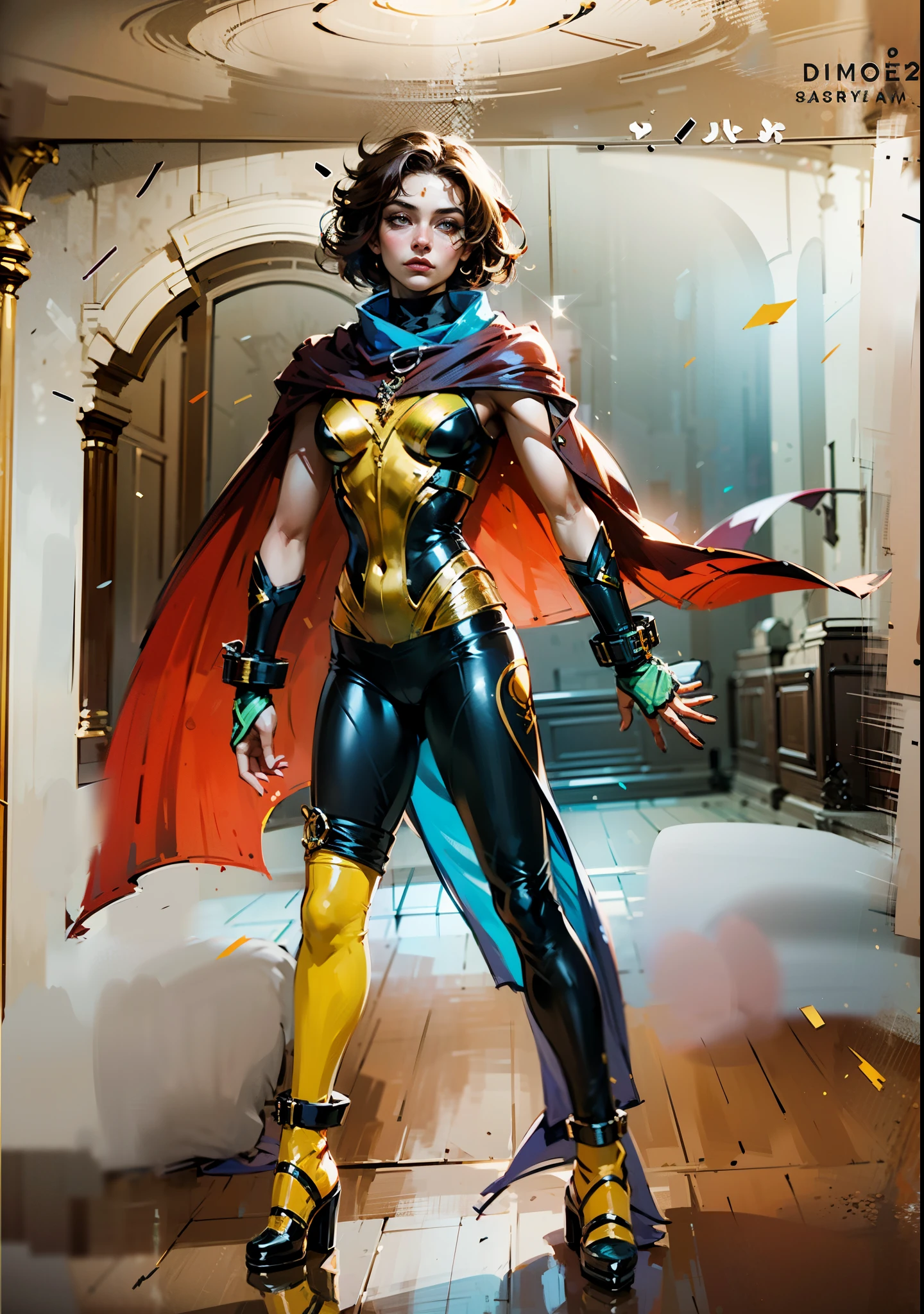 A girl with short brown hair, delicate features, a focused gaze, a determined expression, she has a petite figure akin to a gymnast, adorned with a long flowing cape-like scarf in red and yellow hues, a fantasy-realism-style gymnastics leotard with a long hemline attached, paired with matching leggings, ((black as the main color, complemented by red and yellow accents)), (she poised on a vast stage enveloped in mystery, she emitting a sacred glow in the dim environment), this character embodies a finely crafted fantasy-realism-style dancer in anime style, exquisite and mature manga art style, perfect body, porcelain skin, high definition, best quality, highres, ultra-detailed, ultra-fine painting, extremely delicate, professional, anatomically correct, symmetrical face, extremely detailed eyes and face, high quality eyes, creativity, RAW photo, UHD, 32k, Natural light, cinematic, masterpiece-anatomy-perfect, masterpiece:1.5