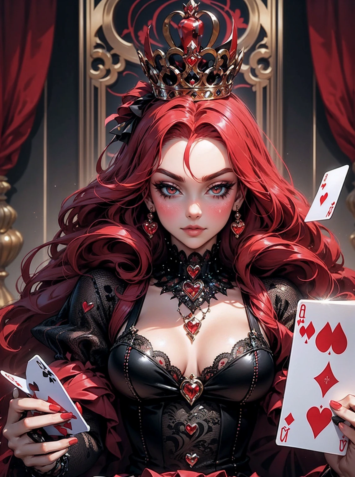 Em um luxuoso cassino, A stunning woman wears an exquisite dress adorned with heart symbols, embodying the royal presence of the Queen of Hearts. Surrounded by a backdrop of poker cards and chips, She exudes confidence and seduction, convidando os jogadores a testar sua sorte e habilidades no jogo de azar. com cabelos curtos, enrolados, cabelos vermelhos (queen of hearts), portrait