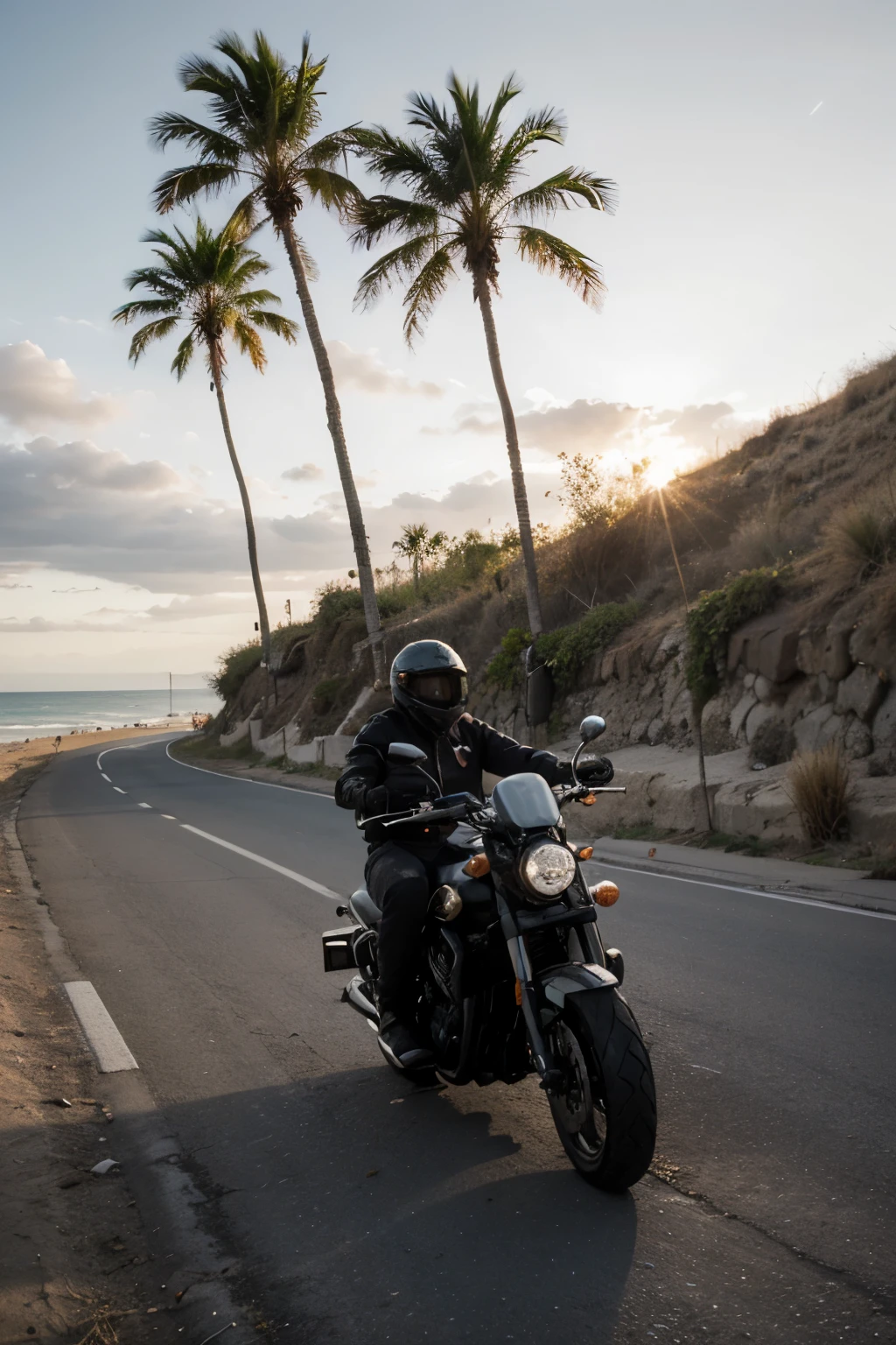 Moto en un Rolling, Playa, Palmeras, Atardecer, carretera