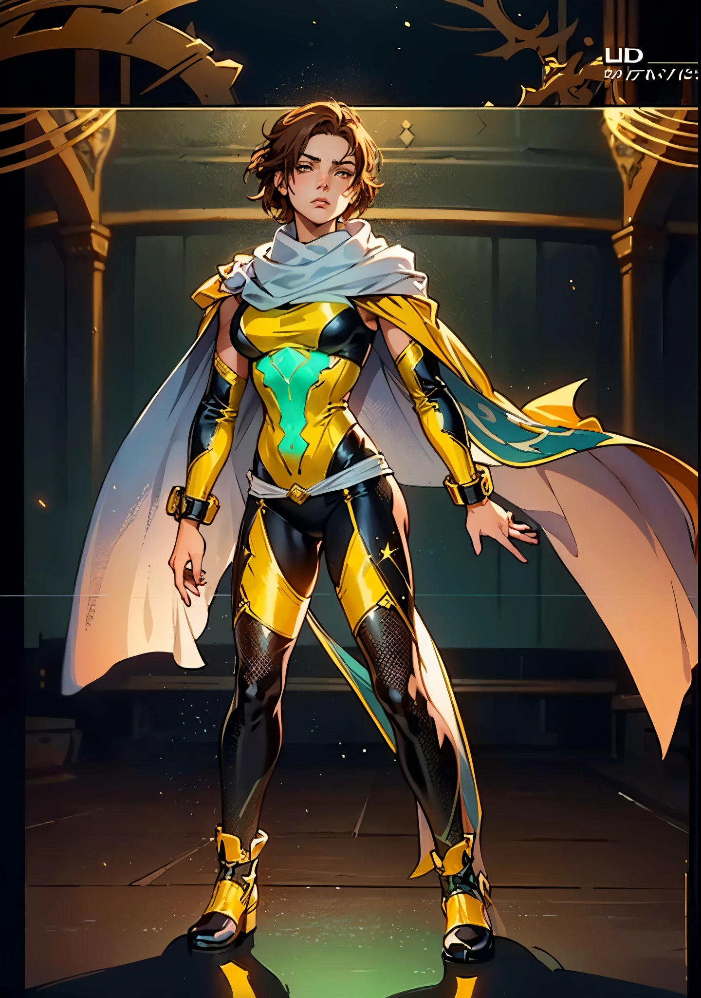 A teenager girl with short brown hair, delicate features, a focused gaze, a determined expression, she has a petite figure akin to a gymnast, adorned with a long flowing cape-like scarf in red and yellow hues, a fantasy-realism-style gymnastics leotard with a long hemline attached, paired with matching leggings, ((black as the main color, complemented by red and yellow accents)), (she poised on a vast stage enveloped in mystery, she emitting a sacred glow in the dim environment), this character embodies a finely crafted fantasy-realism-style dancer in anime style, exquisite and mature manga art style, perfect body, porcelain skin, high definition, best quality, highres, ultra-detailed, ultra-fine painting, extremely delicate, professional, anatomically correct, symmetrical face, extremely detailed eyes and face, high quality eyes, creativity, RAW photo, UHD, 32k, Natural light, cinematic, masterpiece-anatomy-perfect, masterpiece:1.5