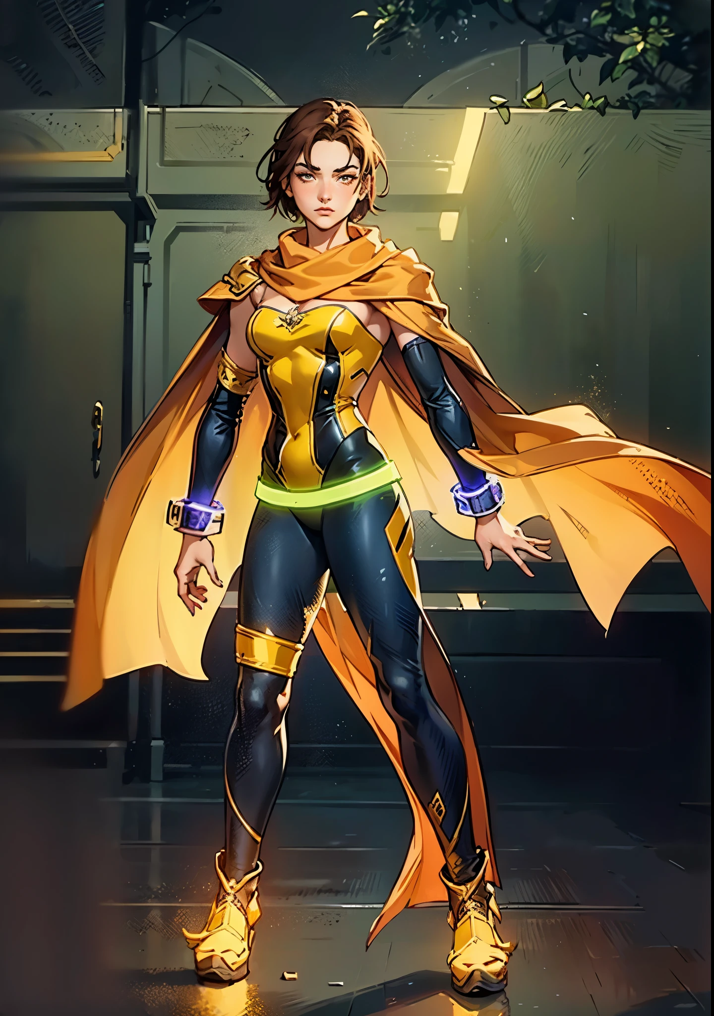 A teenager girl with short brown hair, delicate features, a focused gaze, a determined expression, she has a petite figure akin to a gymnast, adorned with a long flowing cape-like scarf in red and yellow hues, a fantasy-realism-style gymnastics leotard with a long hemline attached, paired with matching leggings, ((black as the main color, complemented by red and yellow accents)), (she poised on a vast stage enveloped in mystery, she emitting a sacred glow in the dim environment), this character embodies a finely crafted fantasy-realism-style dancer in anime style, exquisite and mature manga art style, perfect body, porcelain skin, high definition, best quality, highres, ultra-detailed, ultra-fine painting, extremely delicate, professional, anatomically correct, symmetrical face, extremely detailed eyes and face, high quality eyes, creativity, RAW photo, UHD, 32k, Natural light, cinematic, masterpiece-anatomy-perfect, masterpiece:1.5