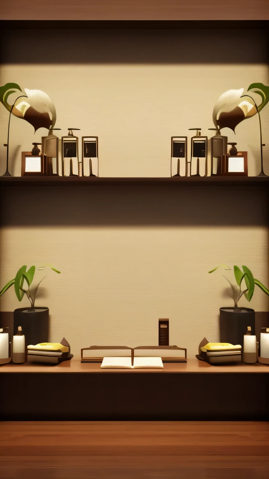 有两个shelf，There are plants and bottles on it, image pharmacist, pharmacist, vignette, background栏, 幕后background, Enter smoothly _ 的background, biophilia, 个人房间background, Sublime and comfortable atmosphere, heavy vignette!, video static, 办公室background, aesthetic shoot, background, ceremony, dark vignette, widescreen shooting, shelf