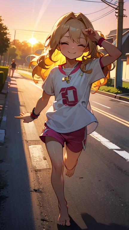 a cute 6 year old christian church girl named Zachary, both brownish blonde hair, long wavy hair, short sleeved white sport jersey tshirt, pink shorts, cross necklace, Jogging, sunrise, slight smile, wristbands, barefoot, winking, hand details, feet details, in a quiet neighborhood 