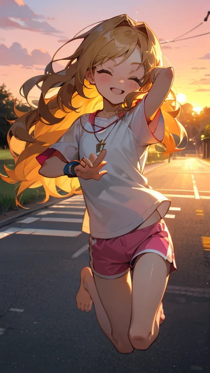 a cute 6 year old christian church girl named Zachary, both brownish blonde hair, long wavy hair, short sleeved white sport jersey tshirt, pink shorts, cross necklace, Jogging, sunrise, slight smile, wristbands, barefoot, winking, hand details, feet details, in a quiet neighborhood 