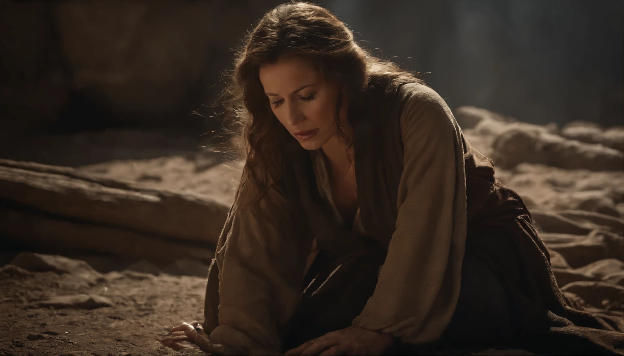 (best quality,ultra-detailed,realistic:1.37), oil painting, biblical epic scene, woman on the ground begging for mercy, cruel man, intense emotions, detailed expressions, cracked ground, dramatic lighting, dust particles in the air, dark shadows, contrast in colors, despair, agony, mercy.