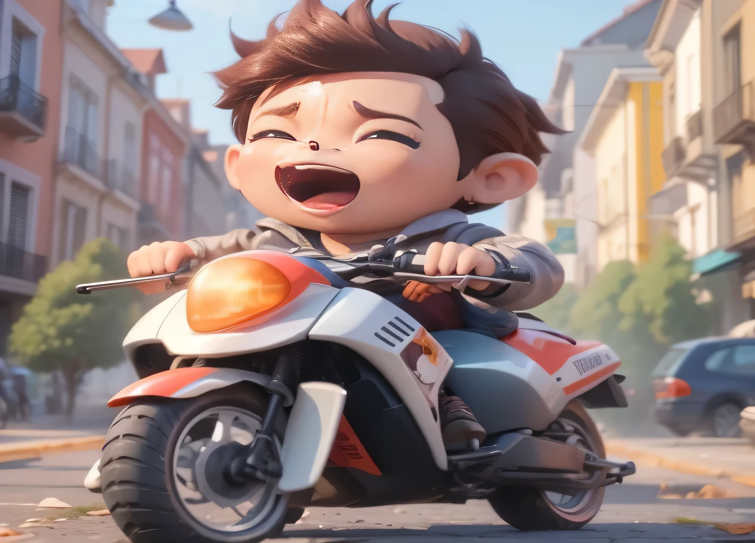a close up of a dirigindo uma moto on a city street, filme animado, adorable digital painting, filme animado, filme animado still, filme animado scene, desenho animado fofo character, arte do filme, desenho animado fofo, 3 d filme animado, arte fofa, desenho animado fofo style, cartoon style illustration, estilo de arte dos desenhos animados, dirigindo uma moto, filme animado shot, filme animado