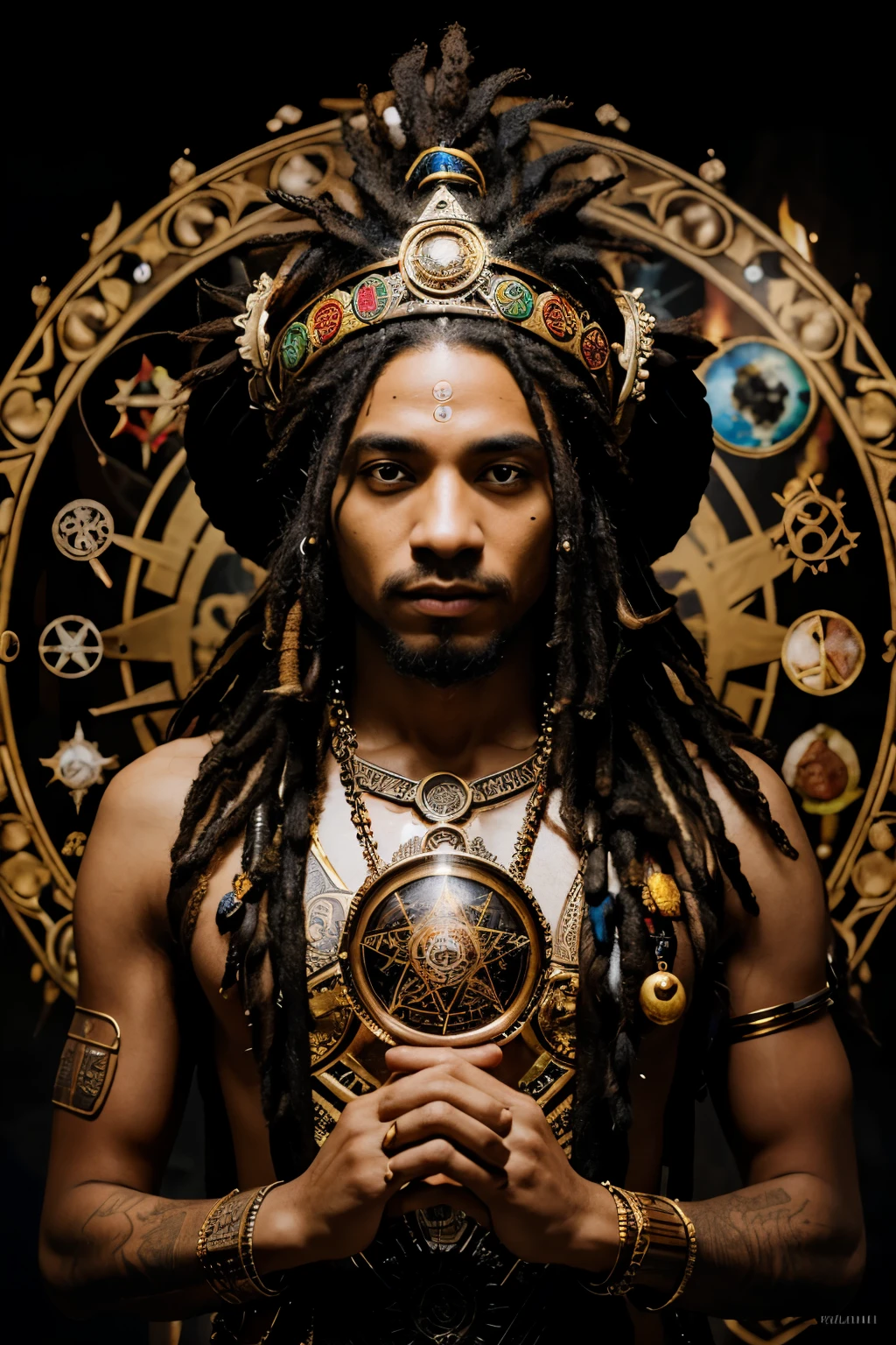 Surreal Rastaman: An abstract character portrait of a master alchemist, with his face surrounded by intricate alchemical symbols and surreal elements, by Ras Leandro