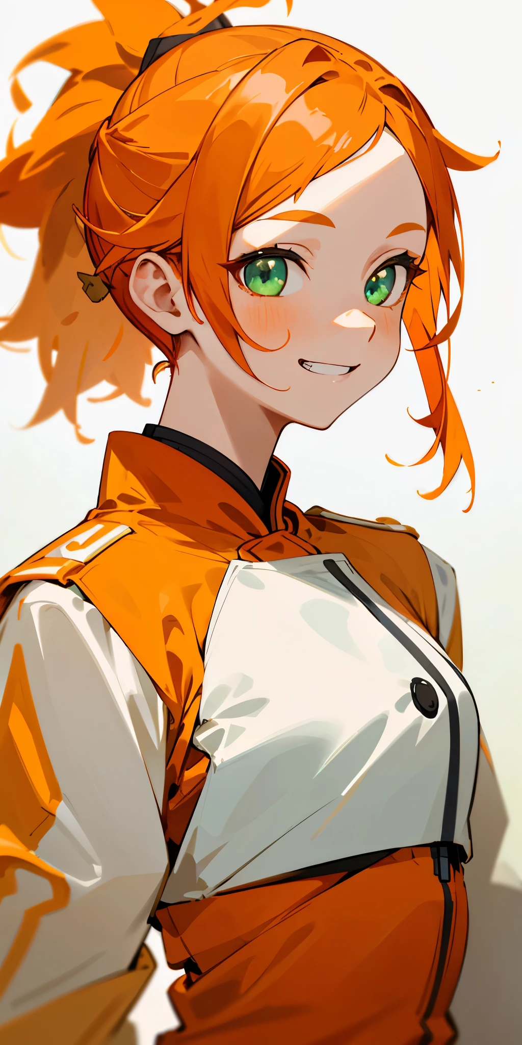 1 girl、one person、orange clothes、orange hair、ponytail、beautiful green eyes、strong pleasure on the face、grin、From the side、white uniform with golden decorations、upper body close-up