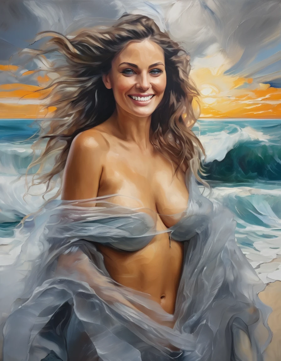 (oil [expressiomism: baroque: 0.8]  painting :1.4)  of   nacked  woman (hands cover on round chest :1.9), translucent tulle micro bikini, ([gray: light blue: 0.5] eyes:1.5),   looking at camera [smile : short smile: 0.6],  nature background, ocean beach , giant waves with foam , birds, storm