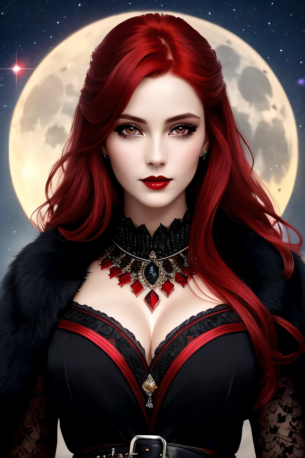 (Masterpiece - Ultra-Detailed, High Resolution) ((vivid red hair)), mature woman, 30 years old, diamond face, red starry sky background, depth of field, magic, big red lips, ((dark and black eyes)) black and red long and full dress, covered chest, mystical atmosphere, ominous shadows, Intense blue aura, Intense red aura (best quality:1.2), absurdres, intricate details, (highly detailed skin:1.2), smile expression, posing, taut and well defined body, attractive. Highly realistic, pale skin, beautiful, hyperrealism, skin very elaborated, direct gaze