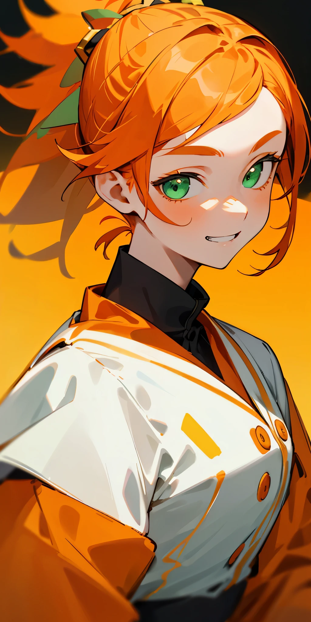 1 girl、one person、orange clothes、orange hair、ponytail、beautiful green eyes、strong pleasure on the face、grin、From the side、white uniform with golden decorations、upper body close-up