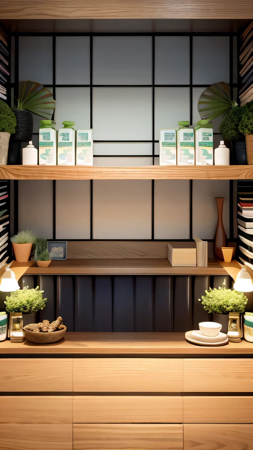 有两个shelf,There are plants and bottles on it, image pharmacist, pharmacist, vignette, background栏, 幕后background, Enter smoothly _ 的background, biophilia, 个人房间background, Sublime and comfortable atmosphere, heavy vignette!, video static, 办公室background, aesthetic shoot, background, ceremony, dark vignette, widescreen shooting, shelf