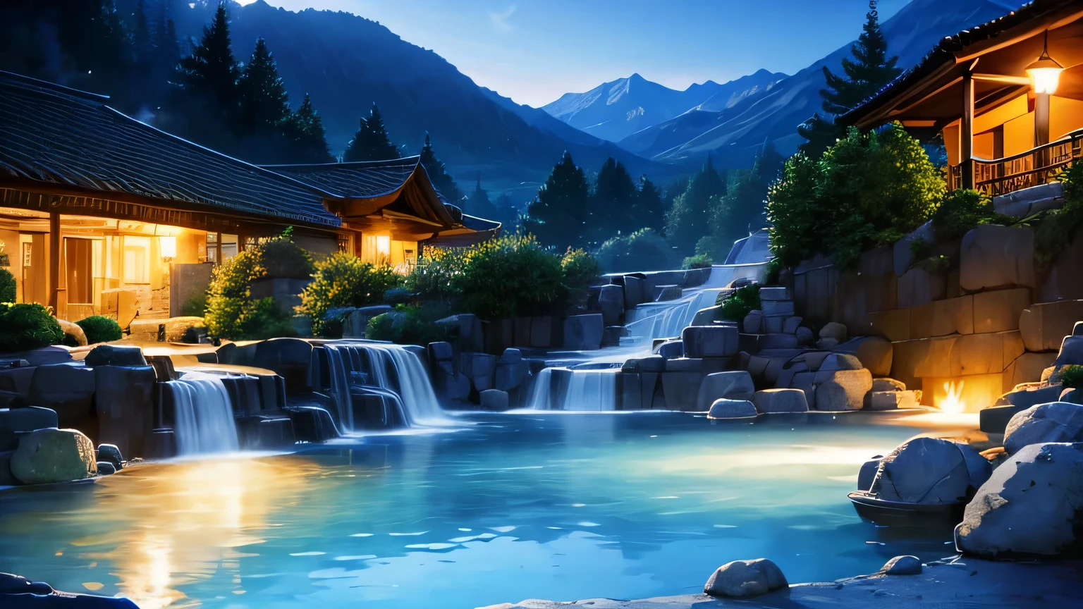 Hot spring at night　background　no one　dark lighting
