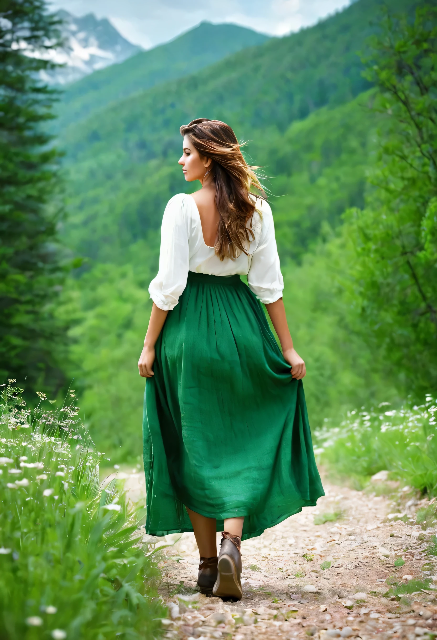 En un prado verde se encuentra una chica al frente de un grupo de caballeros..
REST With a brave expression.., She guides them to their destination..
BREAK Behind her, a green forest stretches and beyond, mountains rise in the distance.
REST The most suitable effect for this scene would be a watercolor painting technique to capture the softness of the meadow and the fluidity of movement...