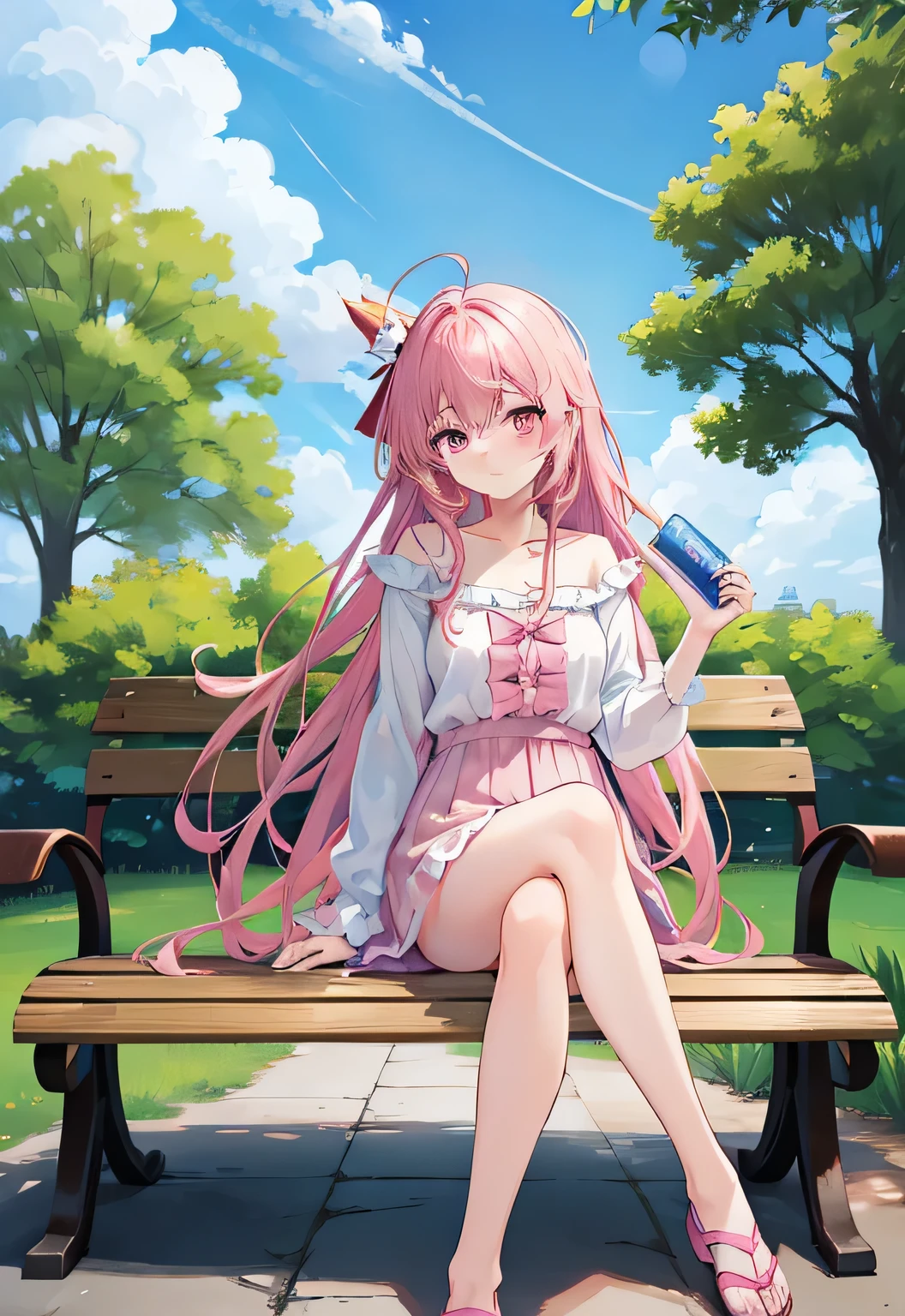 ((Best quality)), ((masterpiece)), (detailed), ((perfect face)), One Girl、Pink long hair、blue eyes、White flower hair ornament、A white dress with black lace、large pink ribbon on the chest、hydrangea、たくさんのhydrangea、sitting on a park bench、Eating ice cream