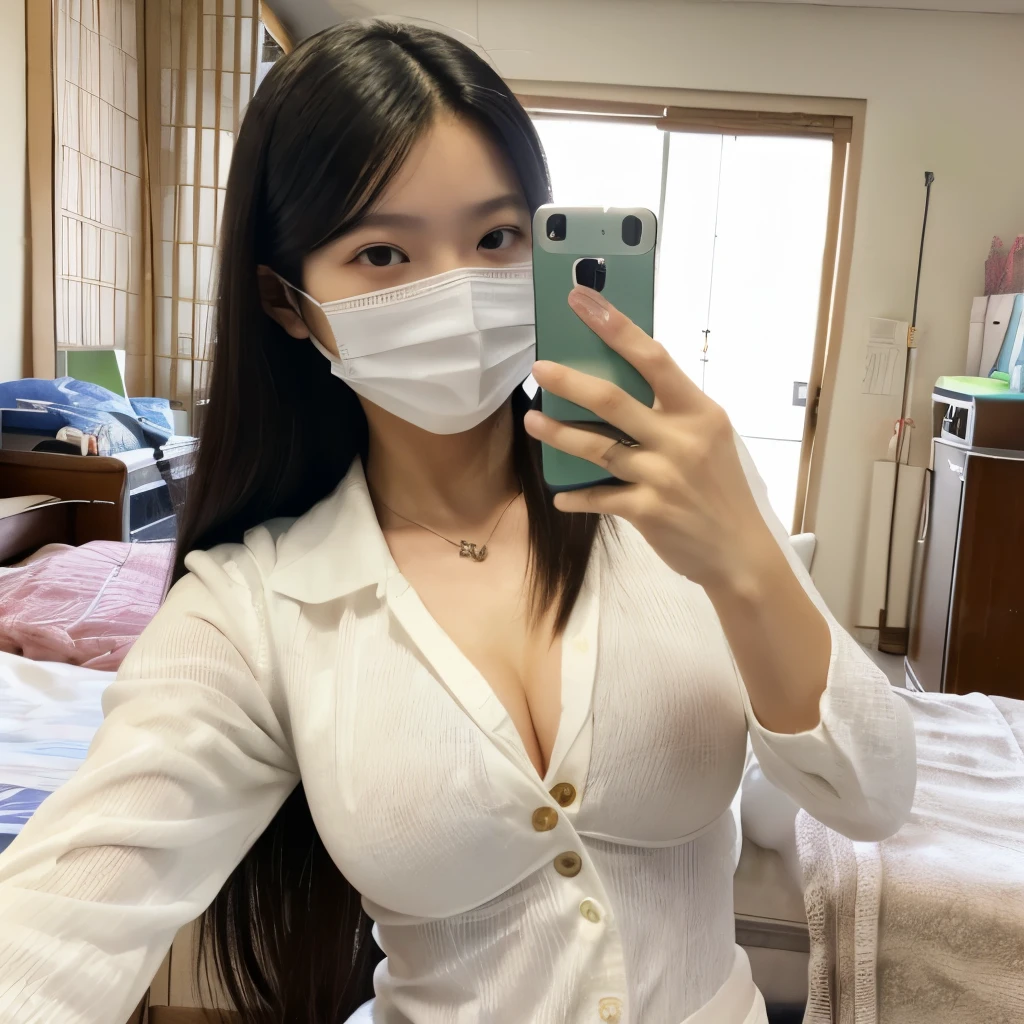 ((Selfie style in my room)),((student))、((Please wear a white non-woven mask)),highest quality, masterpiece, ultra high resolution, (realistic:1.4), RAW photo, very detailed, perfect anatomy, 1 girl, 18-year-old, famous japanese idol, Front view, close-up of crotch,, ((emphasize the chest))