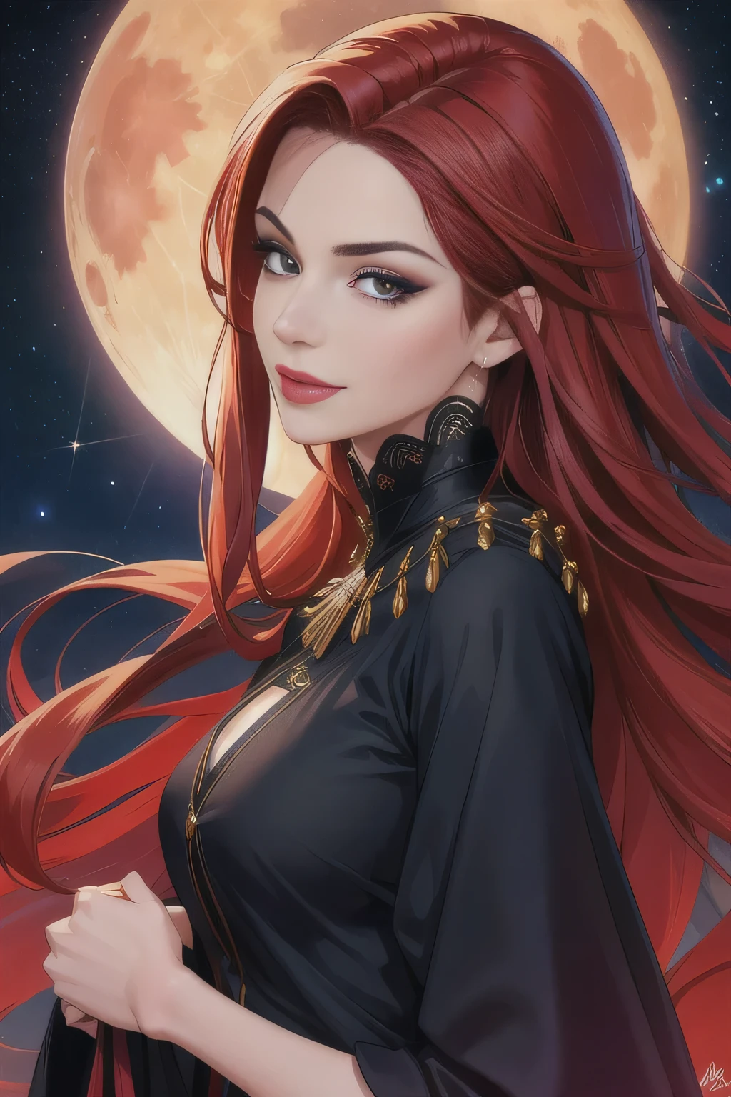 portrait shot, ((vivid red hair)), mature woman, 30 years old, diamond face, moonlight, red starry sky background, depth of field, magic, big red lips, ((dark black eyes)) (Detailed beautiful eyes) black and red long and full dress, covered chest, mystical atmosphere, ominous shadows, Intense blue aura, Intense red aura (best quality:1.2), absurdres, intricate details, (highly detailed skin:1.2), smile expression, posing, taut and well defined body, attractive. Highly realistic, pale skin, beautiful, hyperrealism, skin very elaborated, direct gaze
