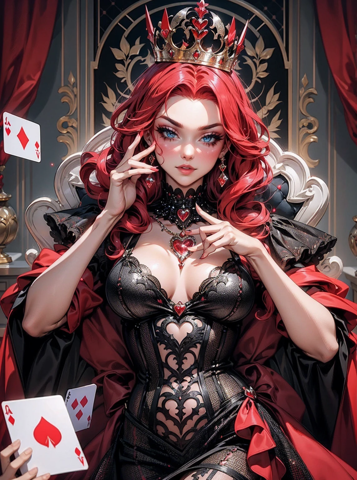 Em um luxuoso cassino, A stunning woman wears an exquisite dress adorned with heart symbols, embodying the royal presence of the Queen of Hearts. Surrounded by a backdrop of poker cards and chips, She exudes confidence and seduction, convidando os jogadores a testar sua sorte e habilidades no jogo de azar. com cabelos curtos, enrolados, cabelos vermelhos (queen of hearts), portrait