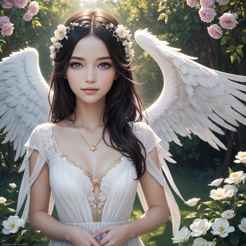 A girl with angel wings, glowing halo, ethereal beauty, flowing white dress, golden sunlight, soft feathers floating in the air, peaceful garden setting, vibrant flowers, gentle breeze, heavenly ambiance, radiant glow, delicate features, sparkling eyes, serene expression, divine presence, magical atmosphere, dreamlike scene, heavenly paradise, captivating charm, graceful posture, enchanting smile, enchanting aura, otherworldly energy, celestial being, surreal colors, dreamy lighting, soft pastel tones, surreal scenery, mystical and evocative artwork, angelic guardian, celestial messenger, celestial grace. (best quality, highres, ultra-detailed, photorealistic), (portrait, fantasy art, romantic art).