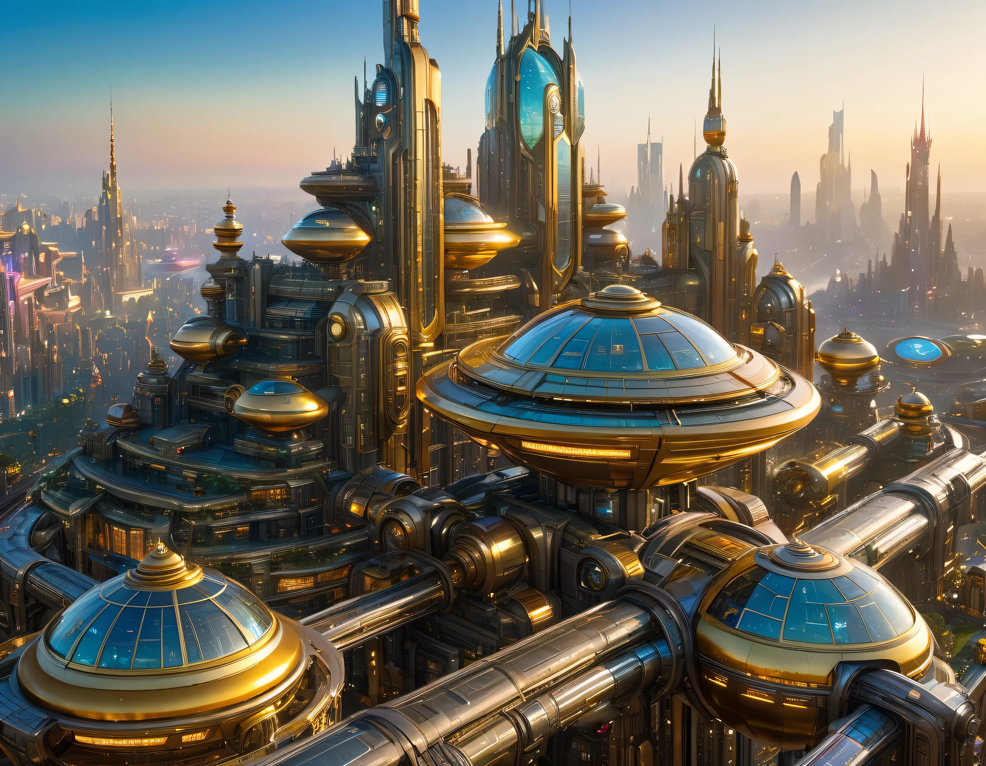 (golden hour lighting), megacity, megalopolis of an imaginary world of science fiction , parecido a una disneylandia futurista, and maximum fantasy, con inmensos edificios y rascacielos ovalados y dodecaedricos agrupados de metal y cristal donde predomina el bronce y los anuncios luminosos de colores. imagen bien definida 8k, (intrincados detalles de la maquina), con muchos edificios juntos.(obra maestra de superior calidad).(imagen fotorrealista), nitidez absoluta hasta el fondo