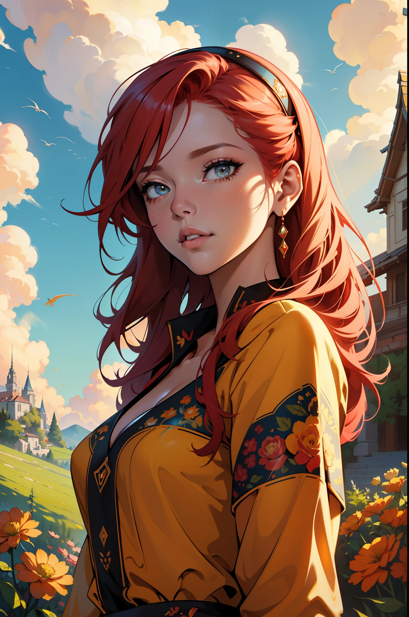 (1Girl, Teen, Russian model, Red hair, Beautiful, Cute, Green Eyes, (Perfect eyes), Wearing medieval clothes, on a field), low-cut, plunging neckline, smirk, seductive smile, inviting expression