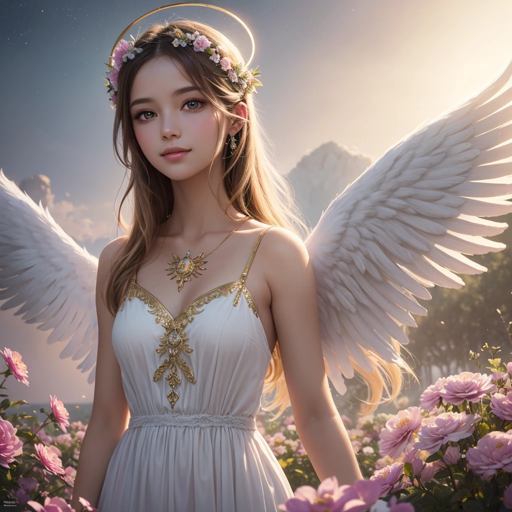 A girl with angel wings, glowing halo, ethereal beauty, flowing white dress, golden sunlight, soft feathers floating in the air, peaceful garden setting, vibrant flowers, gentle breeze, heavenly ambiance, radiant glow, delicate features, sparkling eyes, serene expression, divine presence, magical atmosphere, dreamlike scene, heavenly paradise, captivating charm, graceful posture, enchanting smile, enchanting aura, otherworldly energy, celestial being, surreal colors, dreamy lighting, soft pastel tones, surreal scenery, mystical and evocative artwork, angelic guardian, celestial messenger, celestial grace. (best quality, highres, ultra-detailed, photorealistic), (portrait, fantasy art, romantic art).
