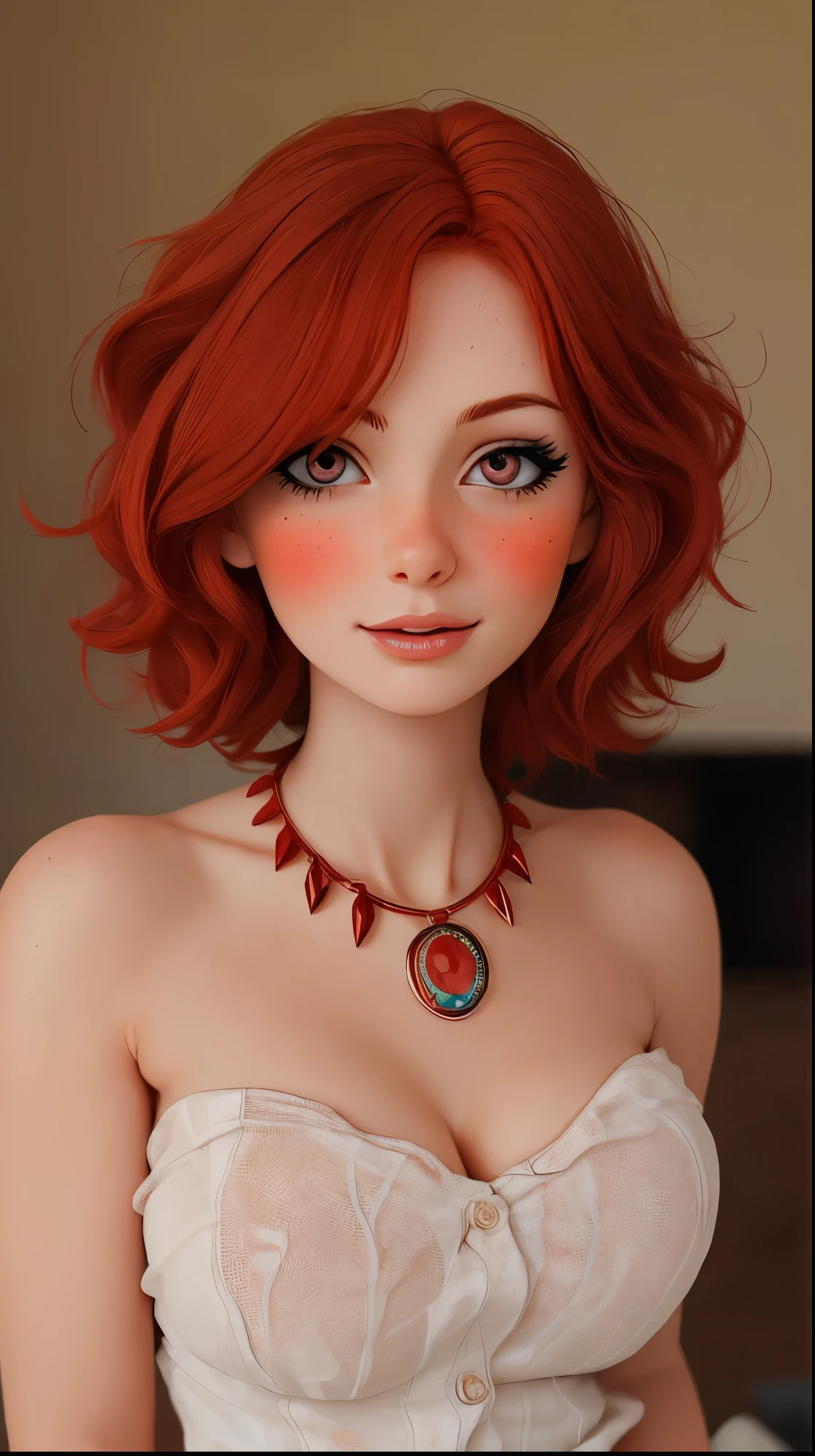 arafed woman with red hair, topless, posing for a picture, short redhead, necklace with ring, medium breast, blush, detailed eyes and face, skinny