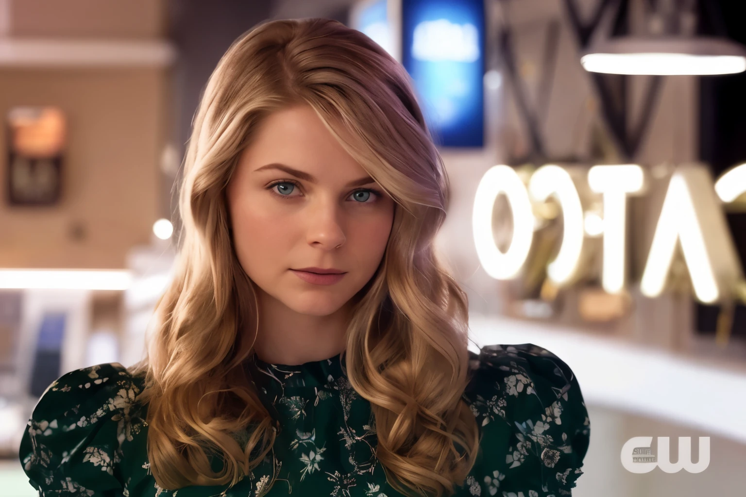 An arafe woman wearing a green dress standing in front of a signboard, Alana Fletcher, promotion yet, Erin Moriarty, commercial photography, commercial shot, promotional art, Written by Dan Frazier, headshot profile picture, by Lisa Nankibir, cool girl, actress, blonde hair girl, chloe grace moretz, other, promotional images