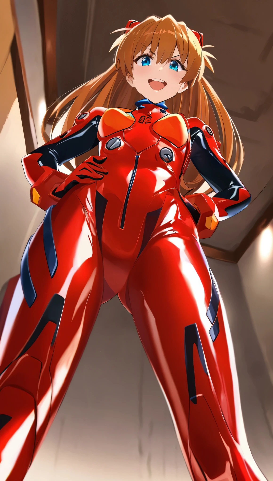 absurdres ,absolutely resolution ,incredibly absurdres ,(absolute shiny clothes),highest quality, so beautiful, absurdres ,absolutely resolution ,incredibly absurdres ,ultra shiny clothes ,asuka, 1girl, solo, long_hair, breasts, looking_at_viewer, smile, closet_mouth, bangs, blue_eyes, orange_brown_hair, gloves, hair_between_eyes, standing, cowboy_shot, small_breasts, v-shaped_eyebrows, bodysuit, turtleneck, headgear, from_below, happy, legs_apart, hands_on_hips, pilot_suit, bracer, plugsuit, red_bodysuit