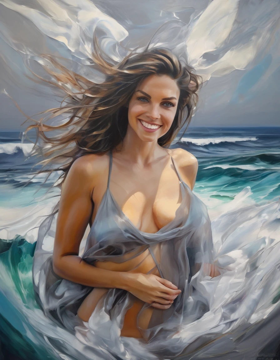 (oil [expressiomism: baroque: 0.8]  painting :1.4)  of   nacked  woman (hands cover on round chest :1.9), translucent tulle micro bikini, ([gray: light blue: 0.5] eyes:1.5),   looking at camera [smile : short smile: 0.6],  nature background, ocean beach , giant waves with foam , birds, storm