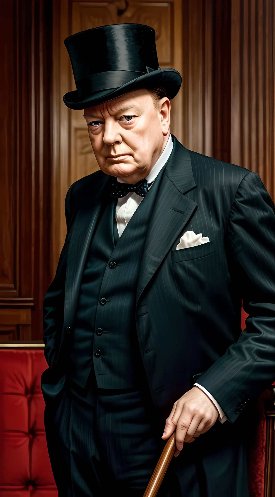 Winston Churchill de cartola e terno segura uma bengala e parece severo.