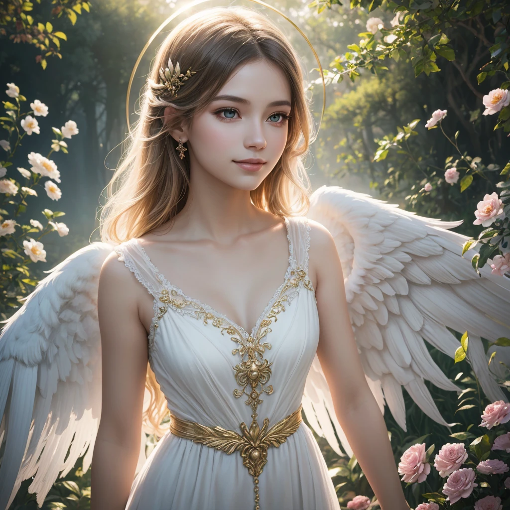 A girl with angel wings, glowing halo, ethereal beauty, flowing white dress, golden sunlight, soft feathers floating in the air, peaceful garden setting, vibrant flowers, gentle breeze, heavenly ambiance, radiant glow, delicate features, sparkling eyes, serene expression, divine presence, magical atmosphere, dreamlike scene, heavenly paradise, captivating charm, graceful posture, enchanting smile, enchanting aura, otherworldly energy, celestial being, surreal colors, dreamy lighting, soft pastel tones, surreal scenery, mystical and evocative artwork, angelic guardian, celestial messenger, celestial grace. (best quality, highres, ultra-detailed, photorealistic), (portrait, fantasy art, romantic art).