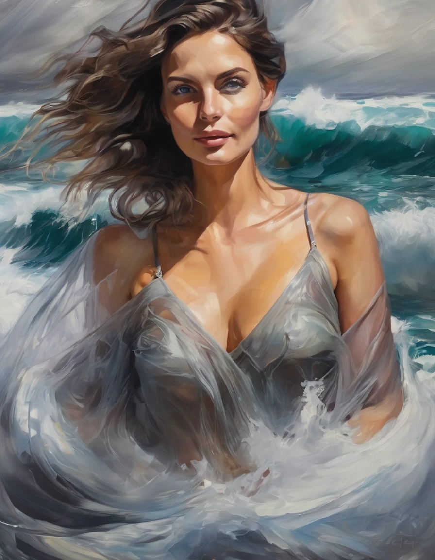 Oil paints，acrycle painting，masterpiece，Renaissance style，(Masterpiece, Top quality, Best quality, offcial art, Beautiful and aesthetic:1.2), close view of full body nude young belgian woman, in erotic pose , hairy intimate hairstyle pubic , background ocean waves with foam, thunderclouds, lightnings