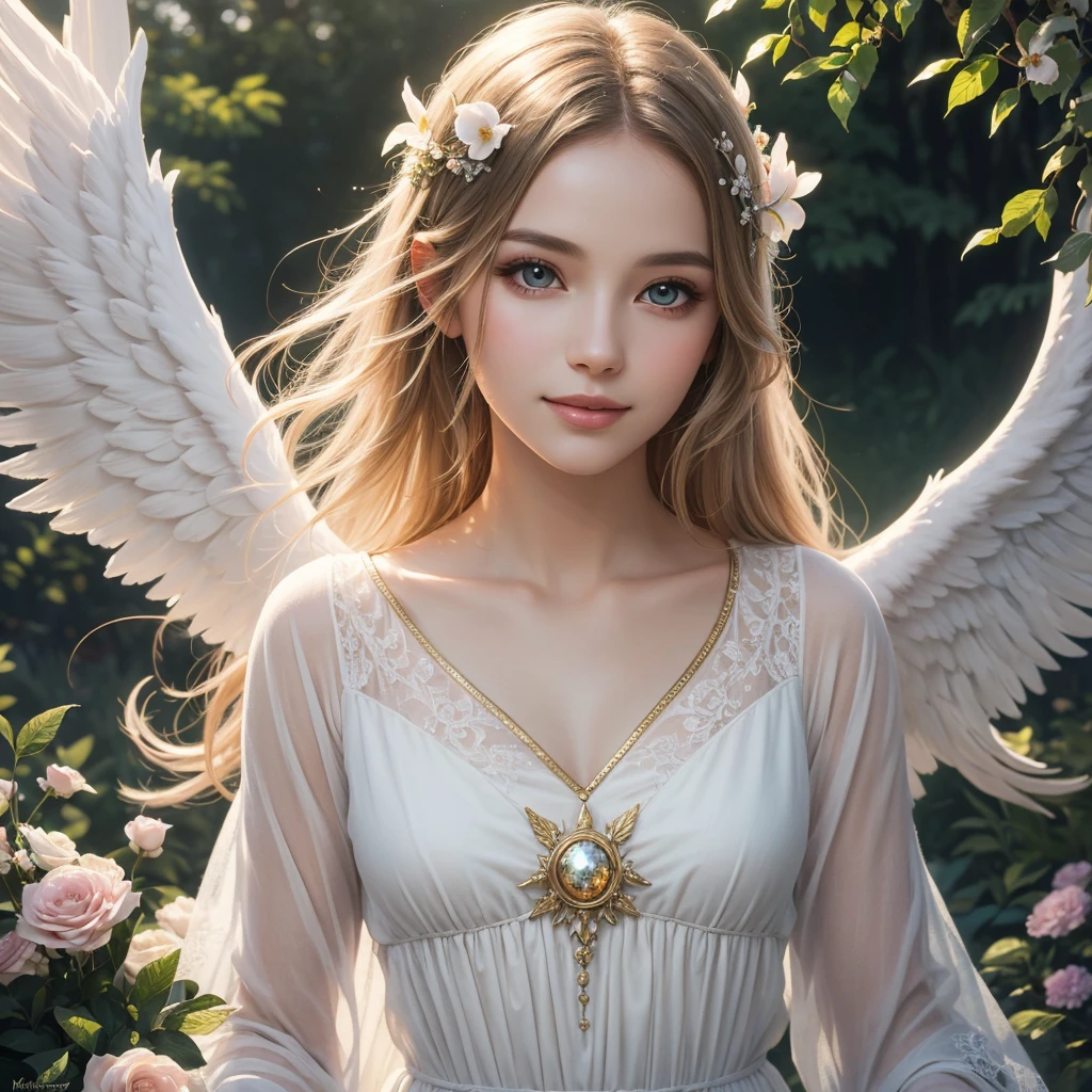 A girl with angel wings, glowing halo, ethereal beauty, flowing white dress, golden sunlight, soft feathers floating in the air, peaceful garden setting, vibrant flowers, gentle breeze, heavenly ambiance, radiant glow, delicate features, sparkling eyes, serene expression, divine presence, magical atmosphere, dreamlike scene, heavenly paradise, captivating charm, graceful posture, enchanting smile, enchanting aura, otherworldly energy, celestial being, surreal colors, dreamy lighting, soft pastel tones, surreal scenery, mystical and evocative artwork, angelic guardian, celestial messenger, celestial grace. (best quality, highres, ultra-detailed, photorealistic), (portrait, fantasy art, romantic art).