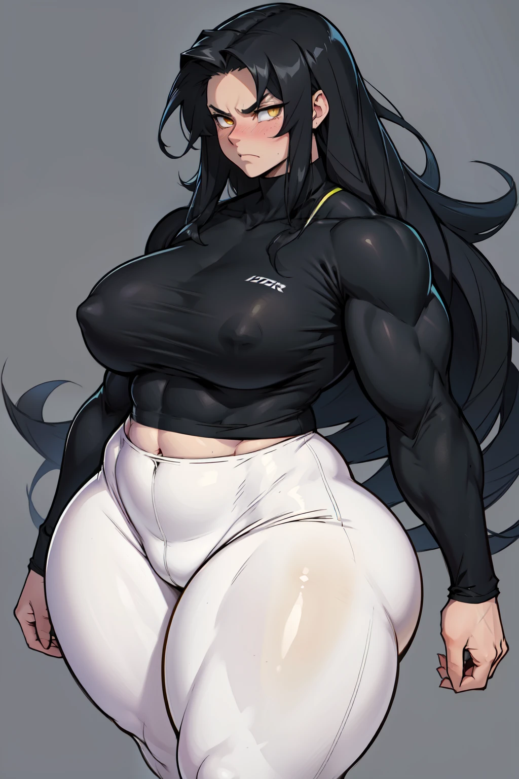 1girl solo black hair yellow eyes very long hair pale skin muscular muscular muscular muscular toned body huge muscles thick thighs girl tight clothes angry blushing messy hair leggings tight shirt long sleeves thick thick thick thick thick thick thick thick thick thick thick thick thick thick thick thick thick thick thick thick thick thick thick thick thick thick thick thick thick thick