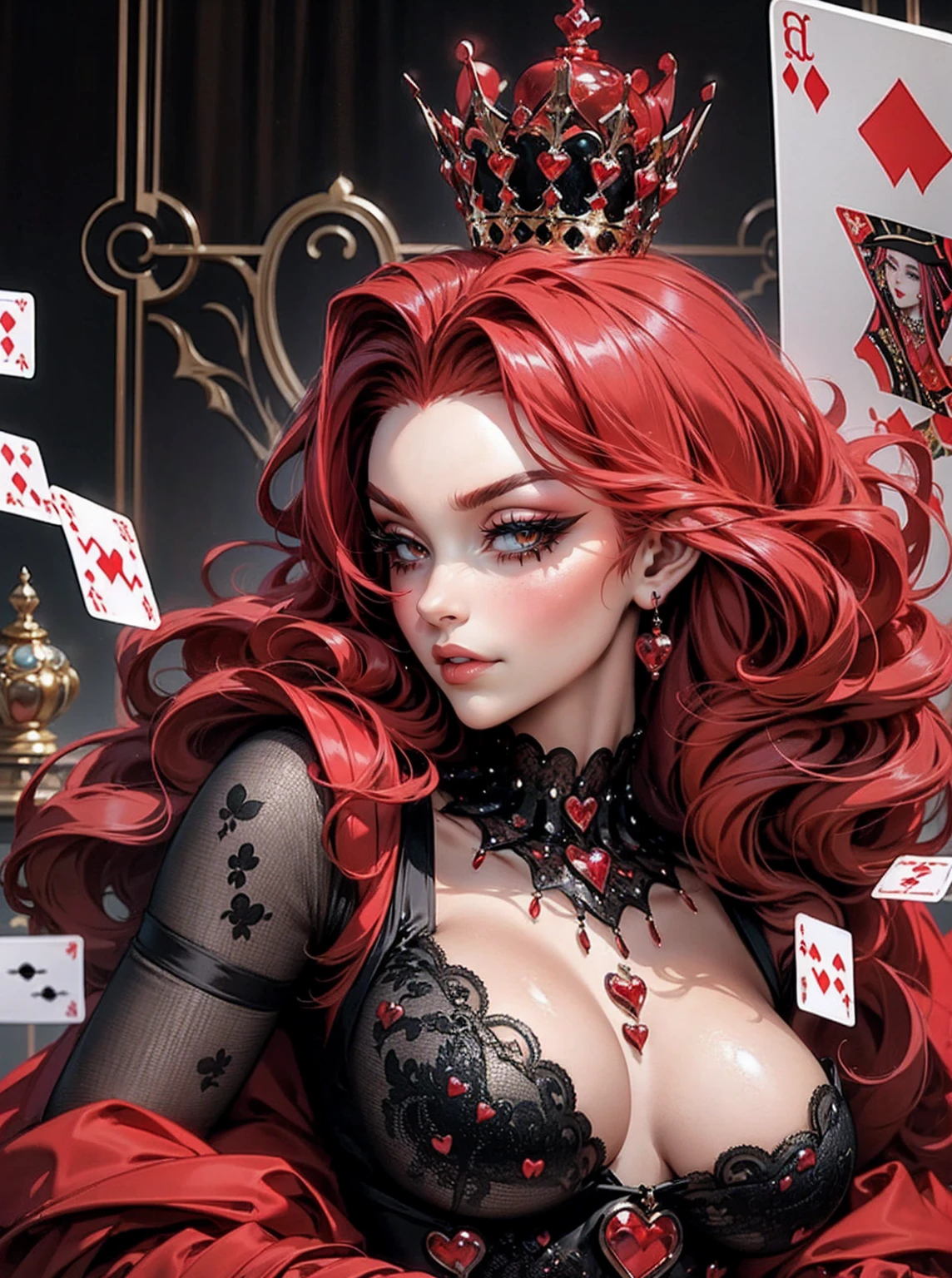 Em um luxuoso cassino, A stunning woman wears an exquisite dress adorned with heart symbols, embodying the royal presence of the Queen of Hearts. Surrounded by a backdrop of poker cards and chips, She exudes confidence and seduction, convidando os jogadores a testar sua sorte e habilidades no jogo de azar. com cabelos curtos, enrolados, cabelos vermelhos (queen of hearts), portrait