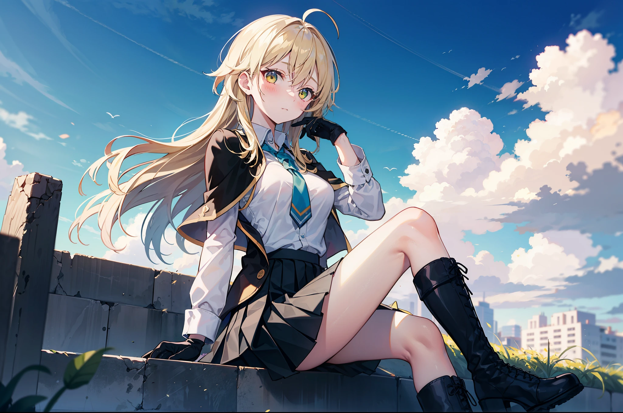 rating:safe, 1girl, cloud, long_hair, gloves, sky, solo, sitting, skirt, black_gloves, outdoors, long_sleeves, crossed_legs, day, blush, blonde_hair, ahoge, eyebrows_visible_through_hair, closed_mouth, cloudy_sky, looking_at_viewer, green_neckwear, black_skirt, pleated_skirt, blue_sky, breasts, shirt, capelet, jacket, boots, bangs, white_shirt, green_bow, black_footwear, hair_between_eyes, medium_breasts, bow, yellow_eyes
